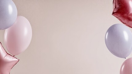 Cartoon pastel kawaii banner featuring cute party elements like balloons and stars, creating a joyful atmosphere perfect for celebrations and festive occasions with copy space