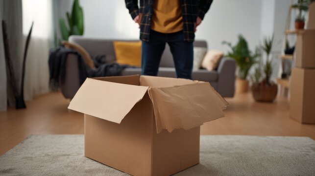 A young adult man, standing in a cozy living room, looks thoughtfully at an open cardboard box at his feet.