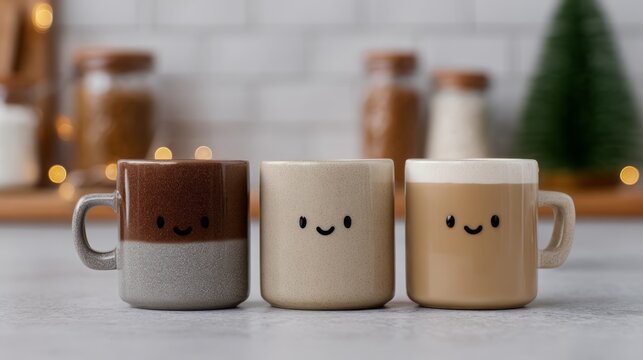 Cute kawaii style coffee mugs with smiling faces arranged on a countertop in a cozy Christmas coffee shop scene with warm ambiance and festive decorations