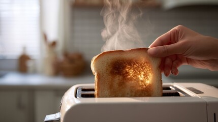 A hand removes a perfectly toasted slice of bread from a toaster, with steam rising in a cozy kitchen setting.