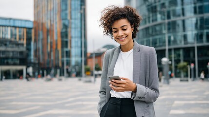Smiling woman with curly hair checks her smartphone while standing in an urban plaza surrounded by modern buildings