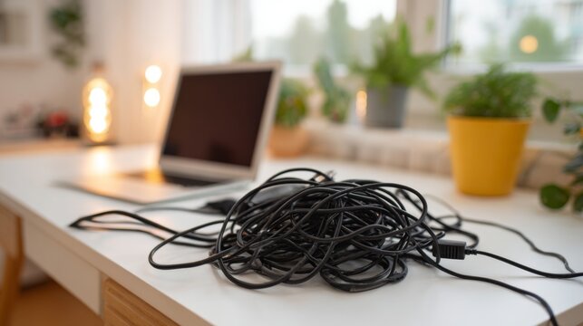 A tangled mess of black cables on a desk, with a laptop and green plants in the background, evoking a sense of clutter and disorganization.