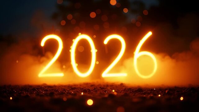 Burning glowing 2026 numbers with fiery sparks and smoke on dark background for powerful new year theme