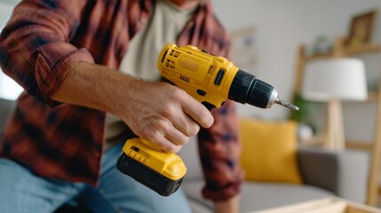 A focused man using a power drill to assemble furniture in a cozy living room.