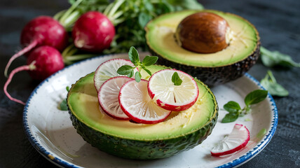 A few slices of radish are layered on top of the avoado