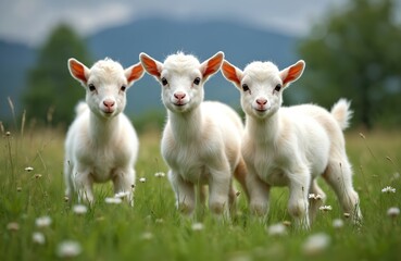 Obraz premium Three adorable baby goats stand in a field. White fluffy kids pose for photo. Cute young animals in green grass. Meadow with flowers. Domestic farm animals in natural environment.