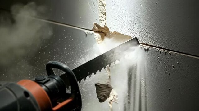 A reciprocating saw vibrates powerfully as it cuts through a plasterboard wall. Dust and debris shake loose with each stroke, showcasing the effective demolition process in action.