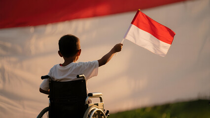 A child in a wheelchair holding the Indonesian flag with sunlight in the background, symbolizing independence, hope, and inclusivity.