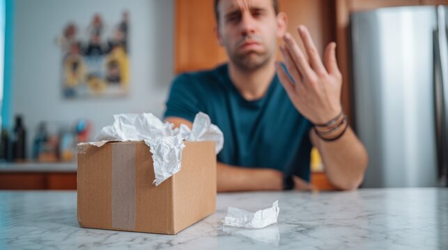 Disappointed Caucasian man looks at a package on the counter, feeling frustrated with unexpected contents.