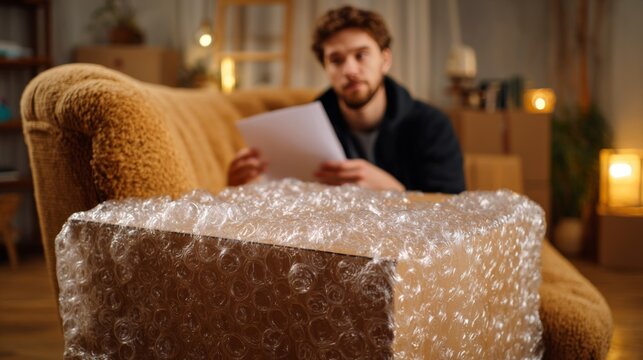 A young Caucasian man thoughtfully examines a document while seated near a large, bubble-wrapped package. - Powered by Adobe