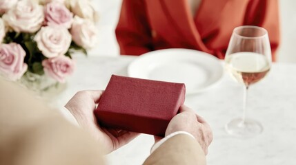 Romantic dinner surprise with gift exchange at elegant restaurant setting