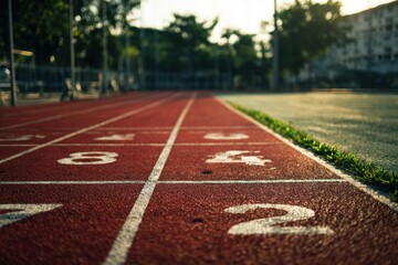 Empty Red Running Track with White Lane Numbers in Morning Light