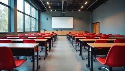 Empty modern lecture hall with rows of red chairs, tables. University classroom ready for corporate seminar business presentation. Auditorium large projector screen, natural light from big windows