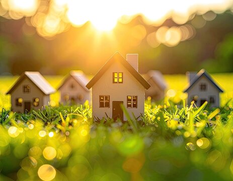 Miniature houses in grass at sunset. Sun shining between dwellings