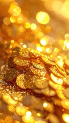 Golden treasure trove with glittering coins and blurred bokeh effects