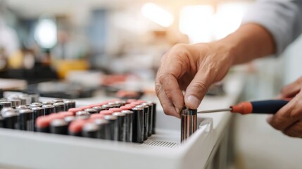 A close-up of a person assembling batteries, showcasing meticulous attention to detail in a well-lit work environment.