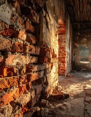 Abandoned building interior, detailed brick wall, sunlight, and decay