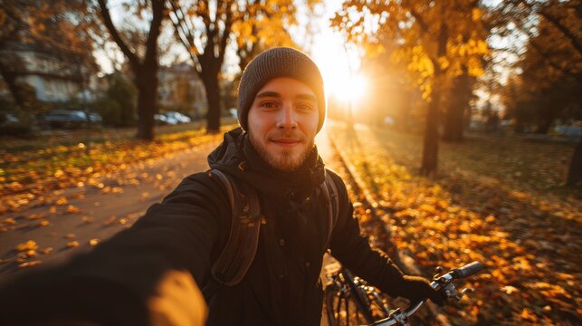 Cyclist Taking Selfie in Autumn Park with Warm Golden Light