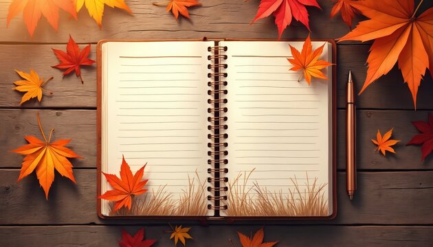 Open notebook with lined pages and pen rests on a wooden table. Autumn leaves in warm colors surround the planner. Jot down ideas, plans, or journal entries for productivity and creativity.