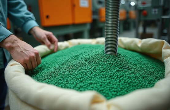 Worker handles green plastic pellets in large industrial bag. Granules are raw material for pipe production in a factory setting. Manufacturing process uses this polymer substance.