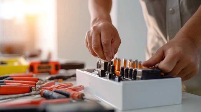 Close-up of a male technician organizing batteries and tools, showcasing precision and concentration in a workshop setting.