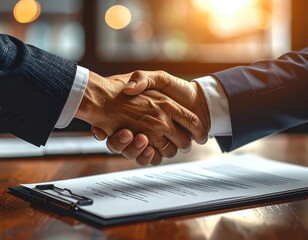 Close up of two hands shaking over contract papers; business agreement and deal