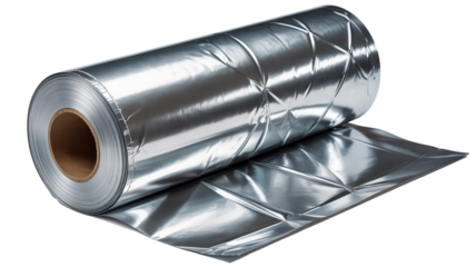 Shiny roll of insulation  png  isolated on transparent background, metal foil material, industrial design, perfect for construction or DIY projects