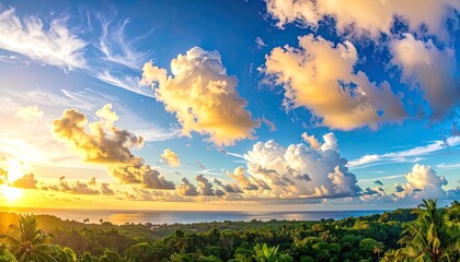 Sunset panorama over lush green jungle, bright blue sky with puffy clouds