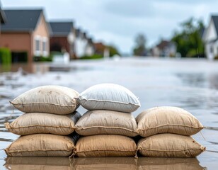 Sandbags protecting homes from floodwaters in residential neighborhood
