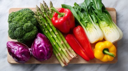 A vibrant selection of fresh vegetables on a wooden cutting board, featuring green broccoli, colorful bell peppers, and crisp asparagus.