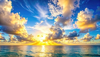 Golden sunrise over ocean horizon. Dramatic clouds and bright sunlight reflected on calm water