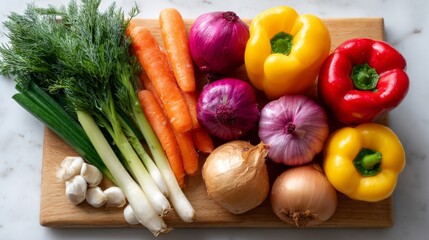 A vibrant assortment of fresh vegetables including carrots, bell peppers, and onions, arranged on a wooden cutting board.