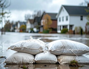 Flooded street scene with sandbags. Houses in background, gloomy, overcast weather