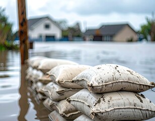Sandbags stacked against rising floodwaters, protecting houses in a neighborhood