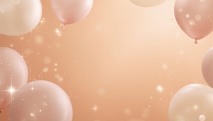 Pastel balloons floating against a soft peach background with bokeh and starburst effects