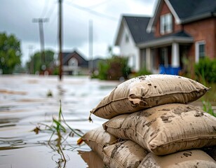 Flood protection Sandbags stacked near flooded homes