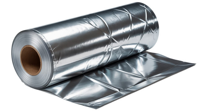 Shiny roll of insulation  png  isolated on transparent background, metal foil material, industrial design, perfect for construction or DIY projects
