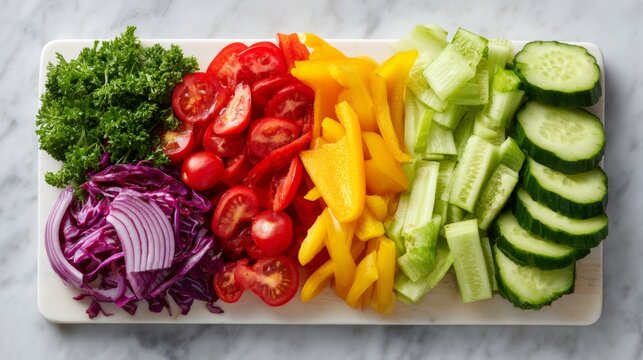 A vibrant array of fresh vegetables, including kale, cherry tomatoes, bell peppers, celery, and cucumber, presented on a wooden cutting board. - Powered by Adobe