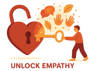 Unlock empathy: cartoon illustration of heart-shaped lock and key with human connection symbols