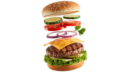 Deconstructed juicy burger layers  png  isolated on transparent background, floating ready to be enjoyed in a tasty meal for food lovers