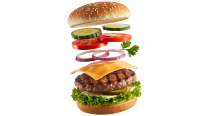 Deconstructed juicy burger layers  png  isolated on transparent background, floating ready to be enjoyed in a tasty meal for food lovers