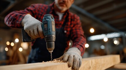 A male carpenter, wearing a plaid shirt and gloves, drills into a wooden beam in a well-lit workshop, showcasing craftsmanship.