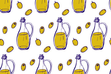 Seamless pattern with Olive Oil and Fruits. Fresh olive berries branch and oil bottle. Ingredients for cooking, cosmetics. Hand drawn doodle sketch for Mediterranean diet wallpaper, wrapping paper.