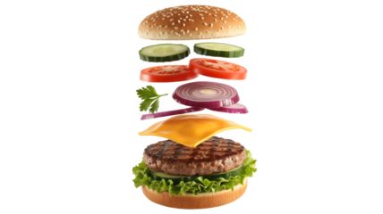 Delicious exploding burger layers  png  isolated on transparent background, fresh ingredients floating, ready to assemble a juicy tasty meal
