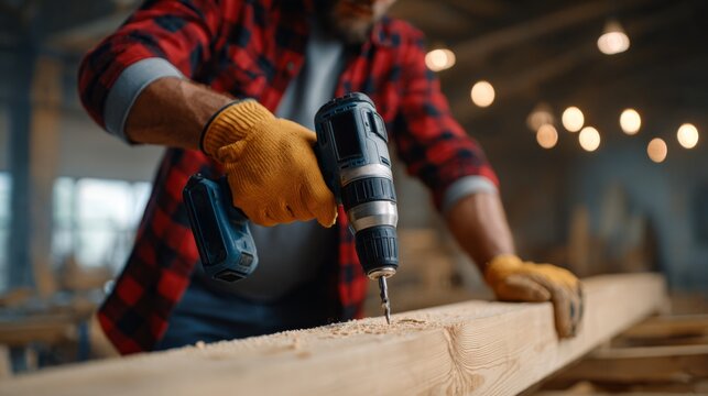 A male carpenter using a power drill to work on a wooden beam in a well-lit workshop. - Powered by Adobe