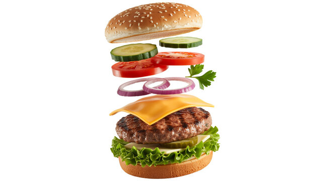 Deconstructed juicy burger layers  png  isolated on transparent background, floating ready to be enjoyed in a tasty meal for food lovers