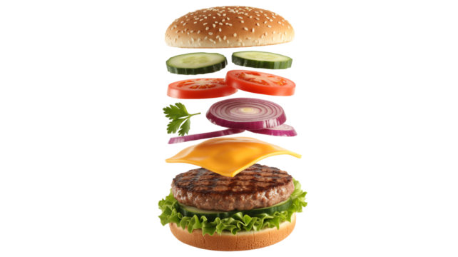 Delicious exploding burger layers  png  isolated on transparent background, fresh ingredients floating, ready to assemble a juicy tasty meal