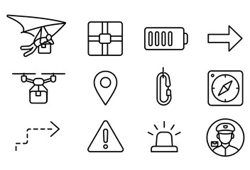 Obraz premium Drone delivery icons and navigation symbols in black and white line art