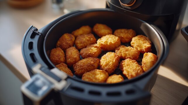 A close-up shot of golden-brown chicken nuggets in an air fryer, showcasing perfect crispness and inviting texture. - Powered by Adobe