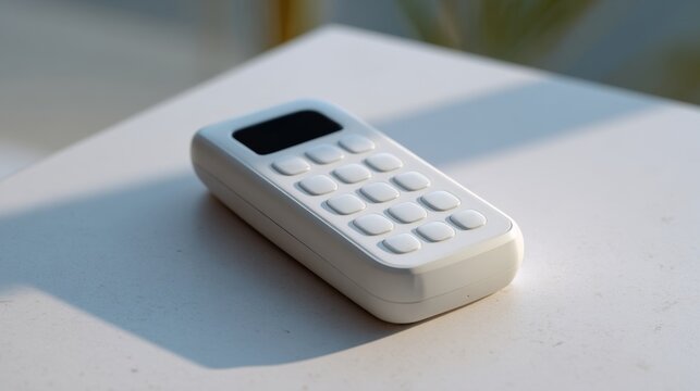A sleek white calculator with a modern design placed on a clean surface, surrounded by soft natural light.